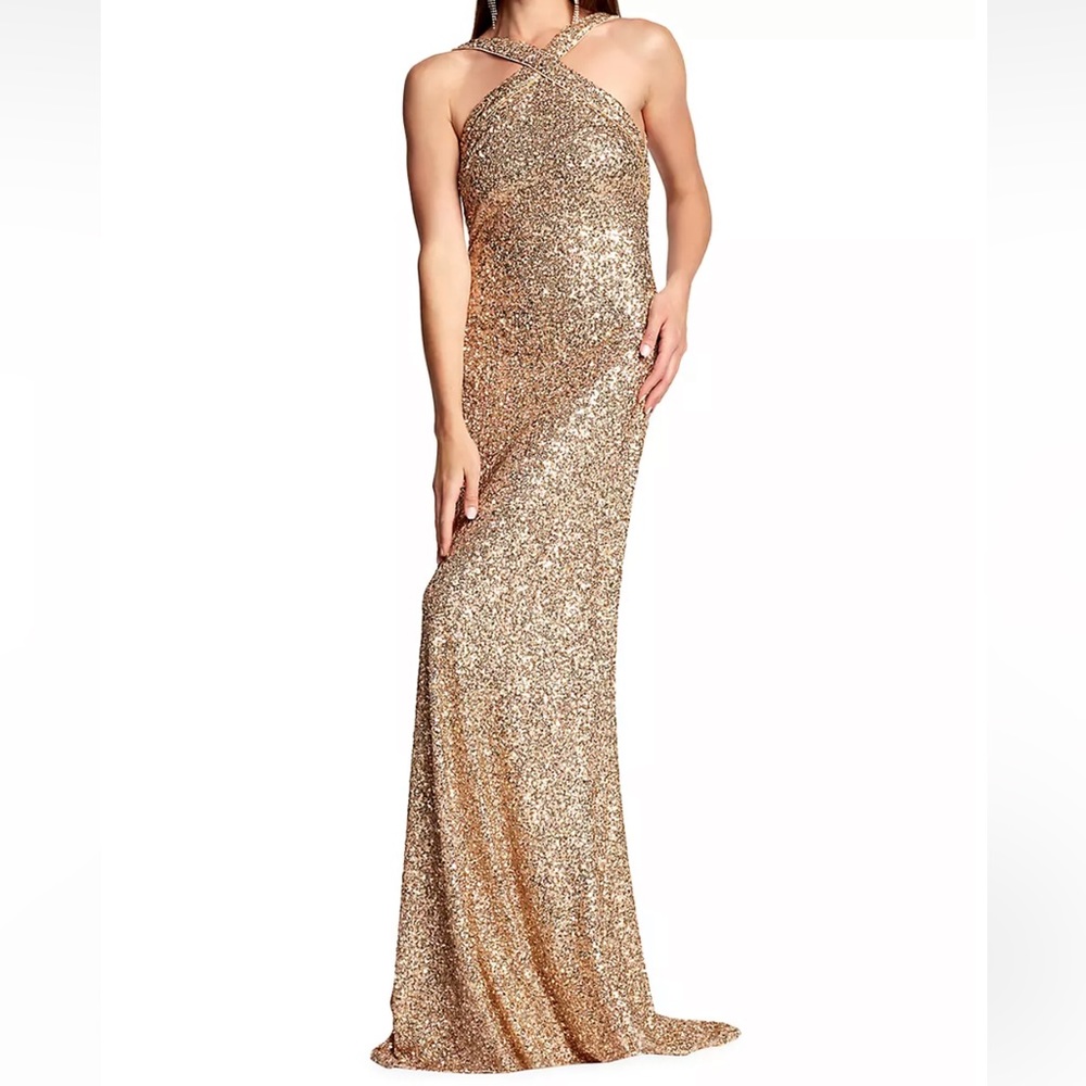 Tadashi Shoji Gold Sequined Sleeveless Gown